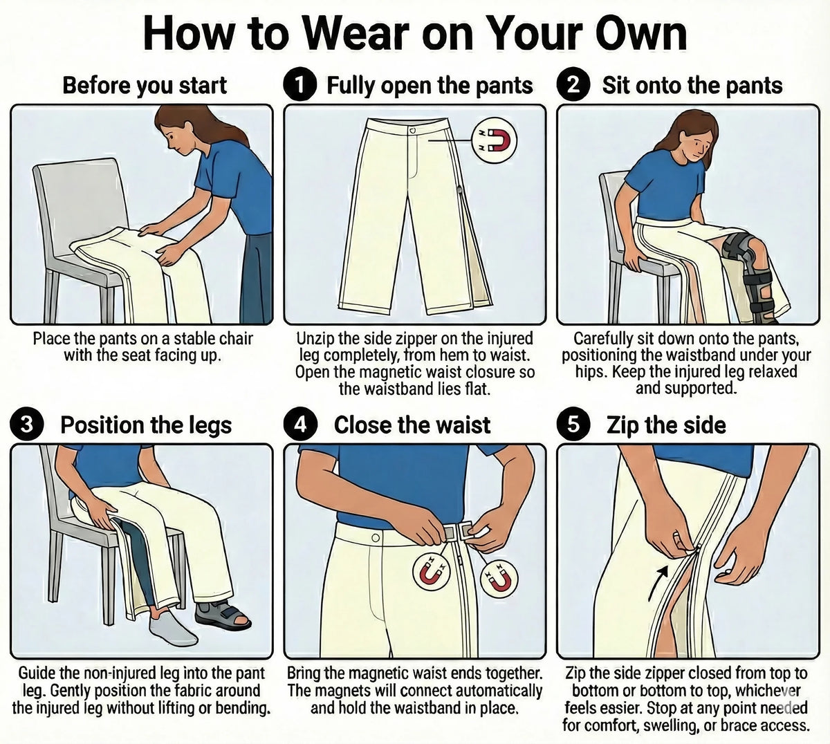 Unisex Easy-On/Off Adaptive Recovery Pants with Side Magnetic Zippers