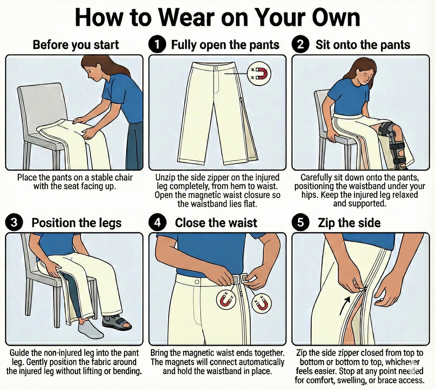 Unisex Easy-On/Off Adaptive Recovery Pants with Side Magnetic Zippers