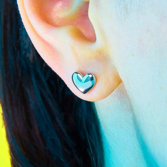 Puffy Stud Earrings - Silver Heart