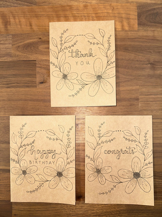 Floral Set of 3 Greeting Cards - Thank You, Happy Birthday, and Congrats