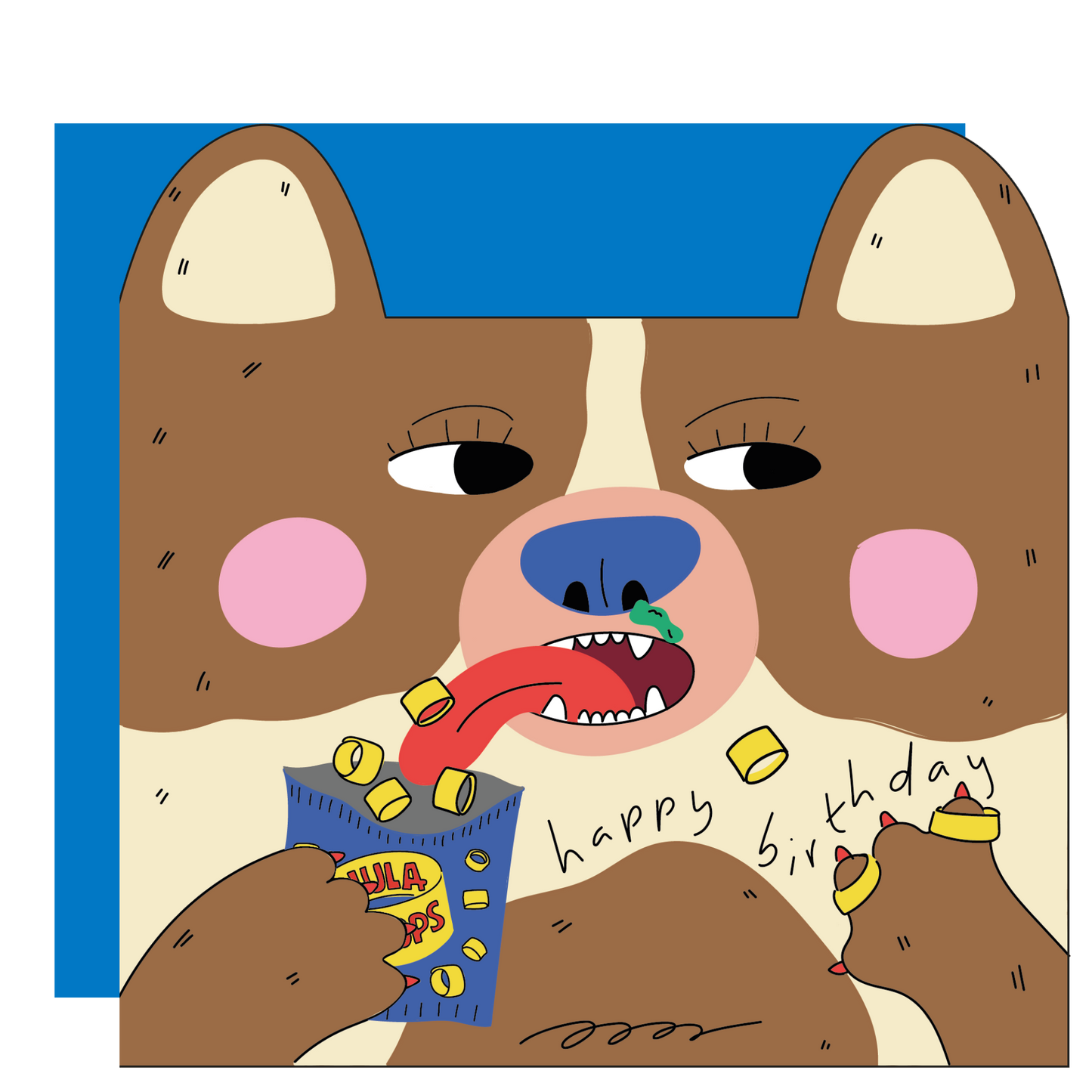 Dog eats hula hoops- Die cut kids greeting card
