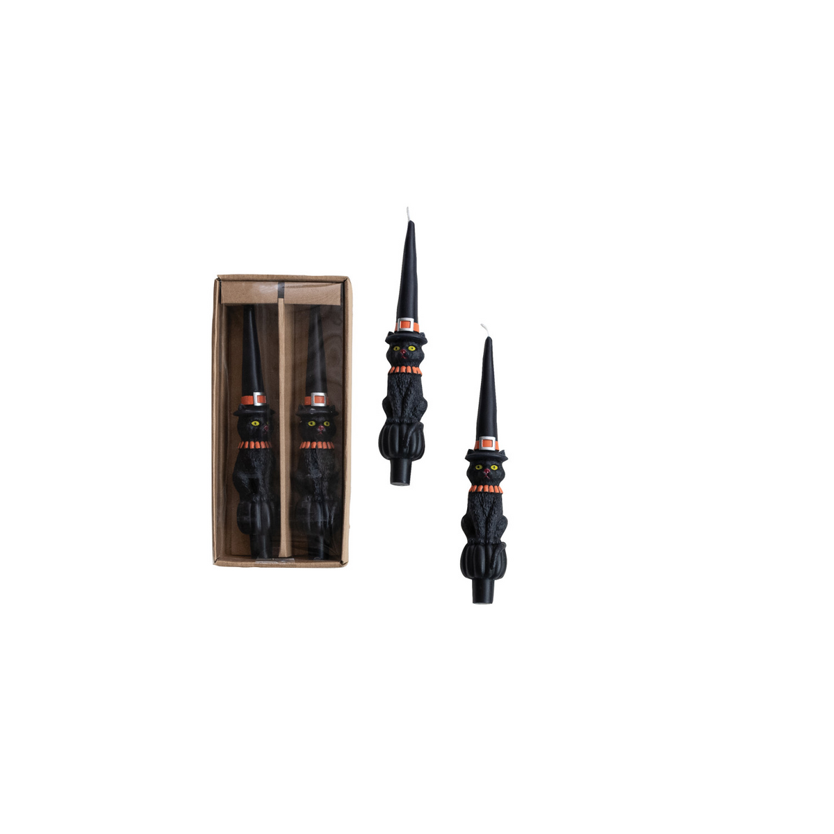 Cat with Witch Hat Shaped Taper Candles in Box, Set of 2